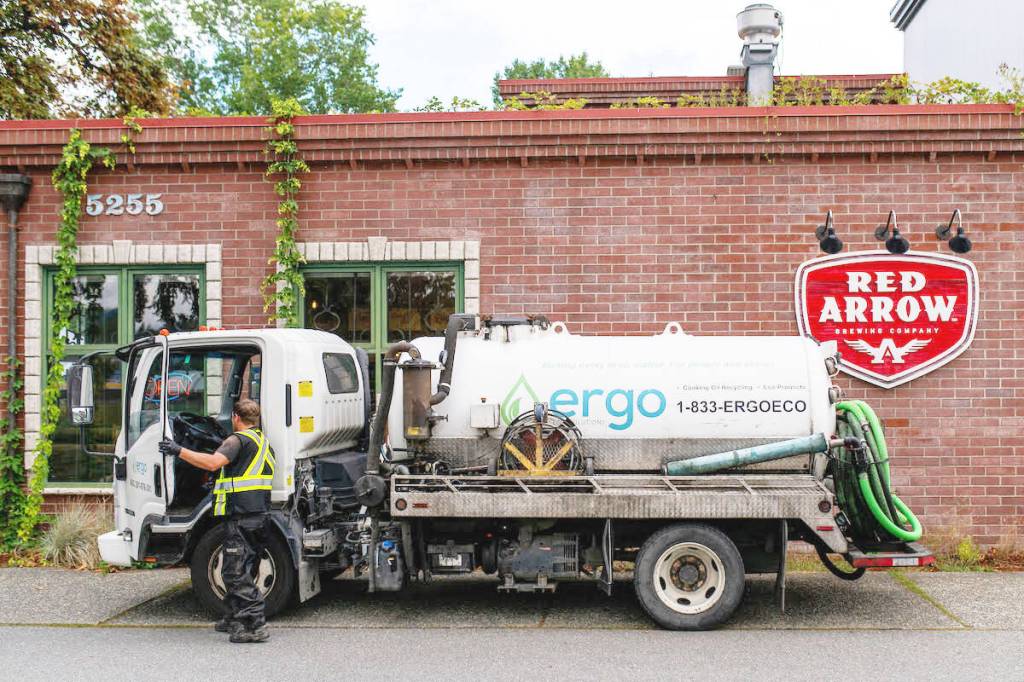 Malahat Nation partners with Ergo Eco Solutions on their new bio-based dust control product which can reduce water use by up to 99.5 per cent and cut GHG emissions by 98.5 per cent. Manufactured from recycled organic food waste, it is collected from some restaurants and commercial kitchens on Vancouver Island such as Red Arrow Brewing in Duncan. (Courtesy of Ergo)