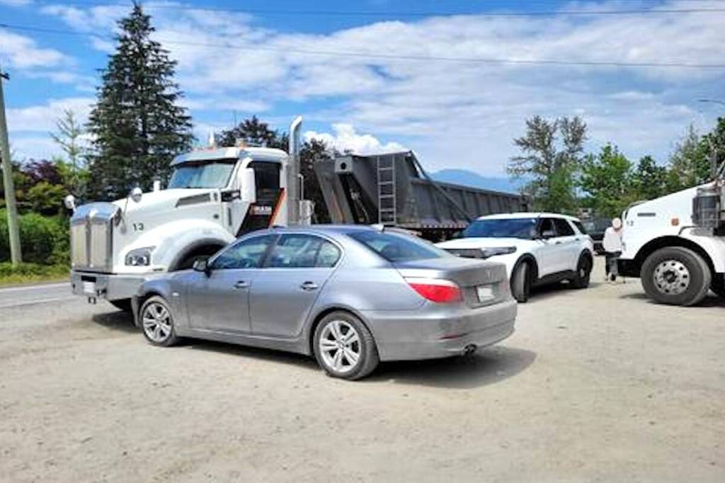 A BMW driven by an Abbotsford teen crashed into a parked dump truck last July after hitting excessive speeds on Highway 1 at Popkum. Police on Wednesday (March 18) released footage of the incident. (BC Highway Patrol photo)